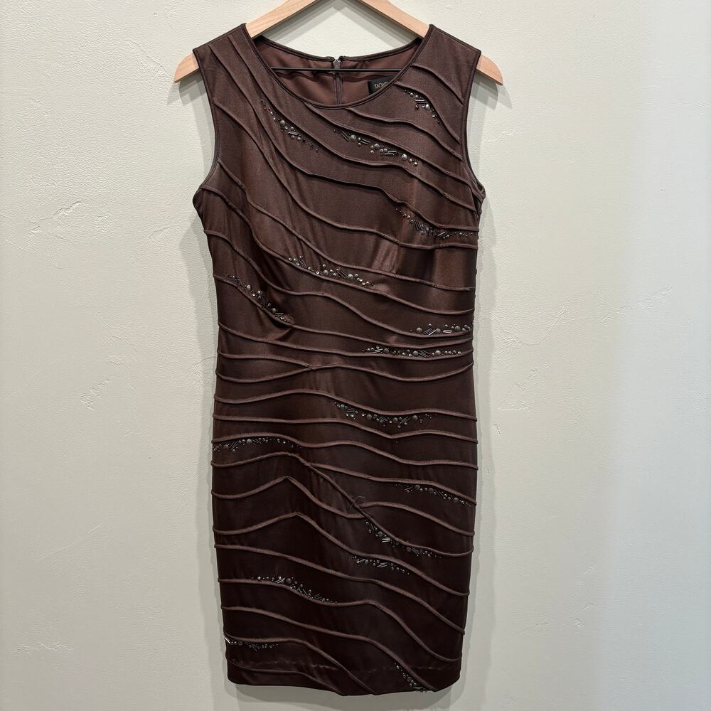 Tadashi Shoji Sleeveless Metal Beaded Textured Cocktail Dress Brown Size: Large